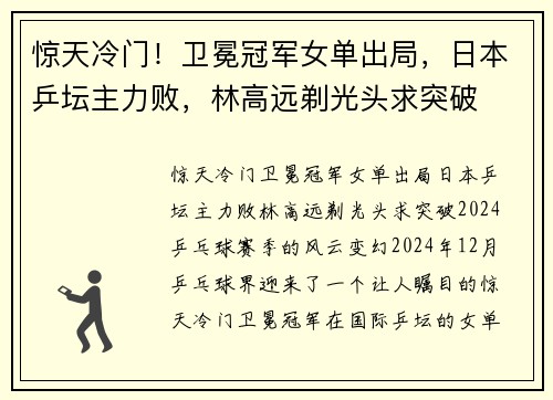 惊天冷门！卫冕冠军女单出局，日本乒坛主力败，林高远剃光头求突破