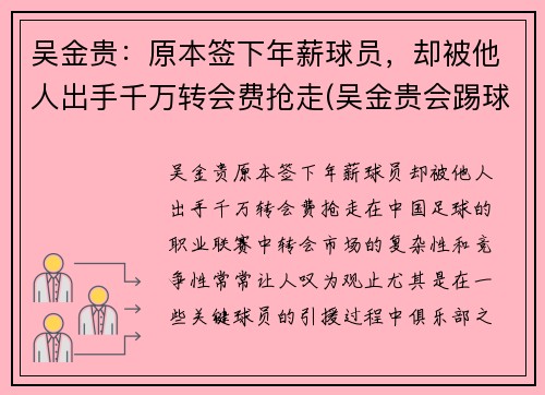 吴金贵：原本签下年薪球员，却被他人出手千万转会费抢走(吴金贵会踢球吗)
